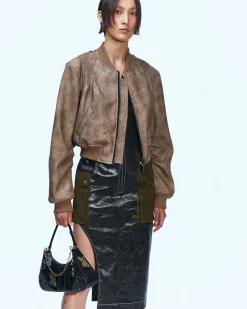 Andersson Bell Tanya Faux Leather Pintuck Bomber Jacket Awa516W(Beige)-Women Outerwear