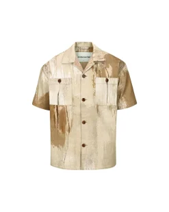 Andersson Bell Tawney Beige Print Open Collar Shirts Atb851M(Sand)-Men Shirts