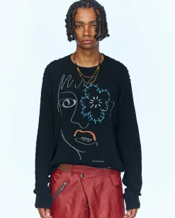 Andersson Bell Unisex Flower Man Crew Neck Sweater Atb961U(Black)-Men Knitwear