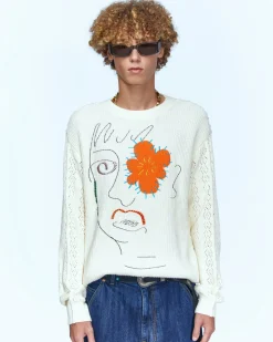 Andersson Bell Unisex Flower Man Crew Neck Sweater Atb961U(Ecru)-Men Knitwear