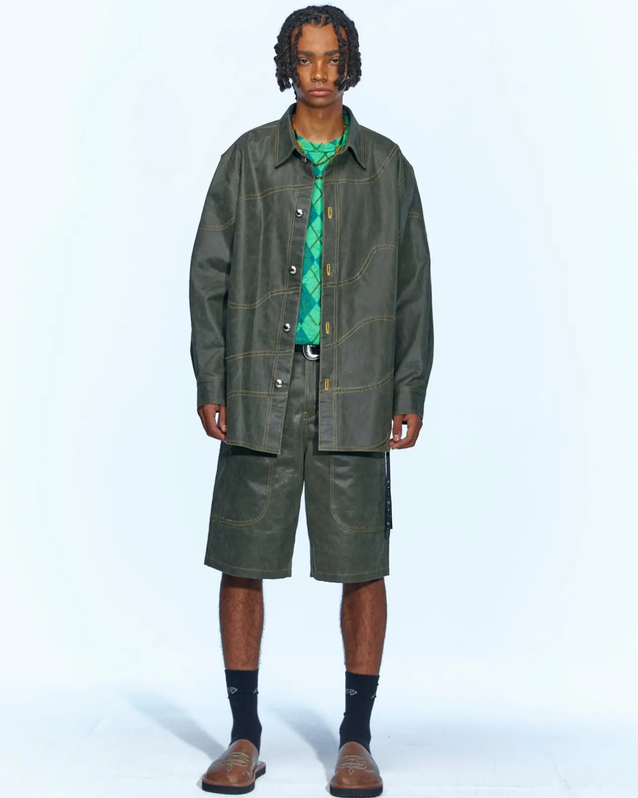 Andersson Bell Wave Faux Leather Shorts Apa640M(Khaki)-Men Trousers